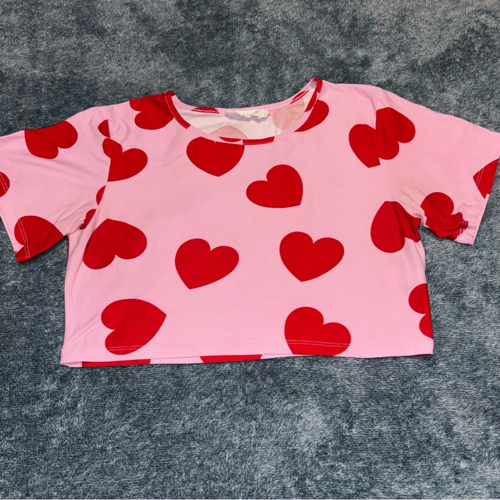 Weekend Edition Crop Top in Pink with All Over Red Hearts Print Size Large